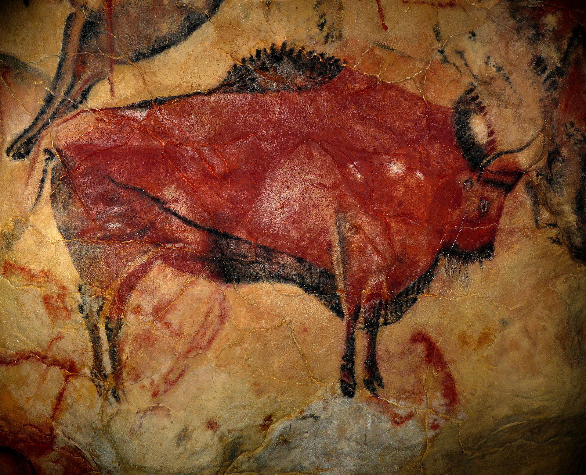 Üzerinde bazı görünür çatlaklar olan bronz renkli düz bir yüzeye kırmızı renkli boya maddesi ile çizilmiş bir bizon figürü. Boyayan kişi aynı zamanda resme ayrıntı eklemek için siyah darbeler de kullanmıştır.